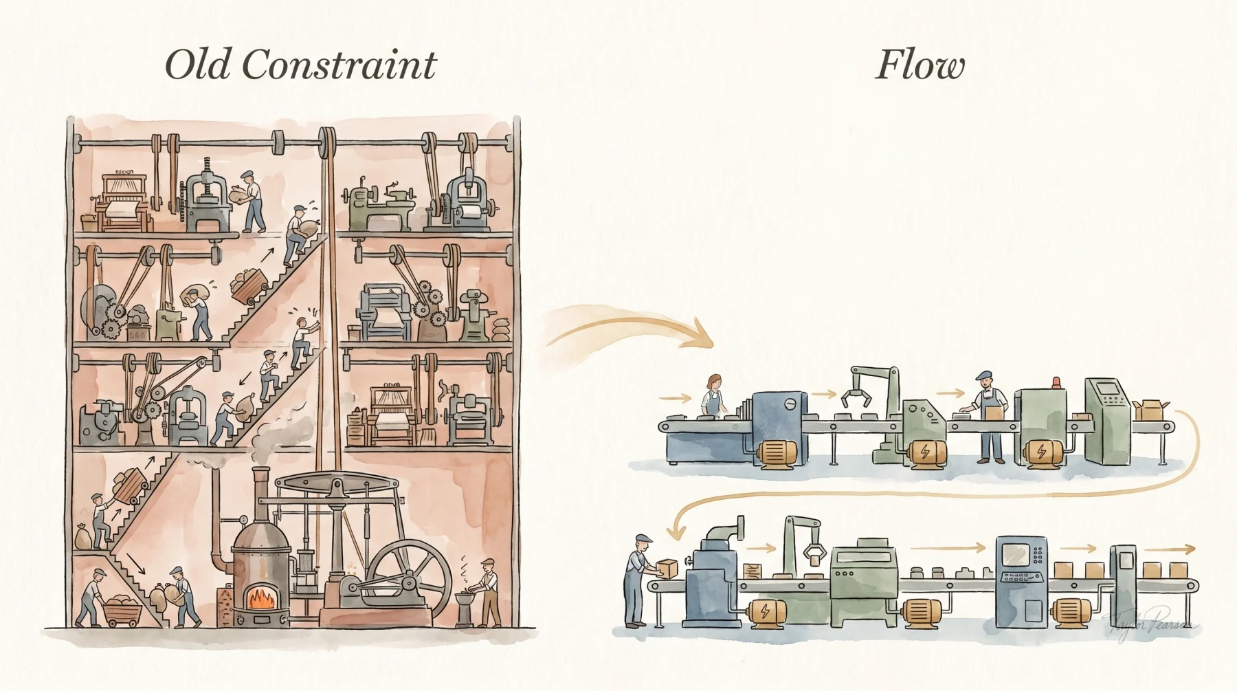 Watercolor diagram comparing a tall steam factory constrained by line shafts with an electric factory organized around continuous flow.