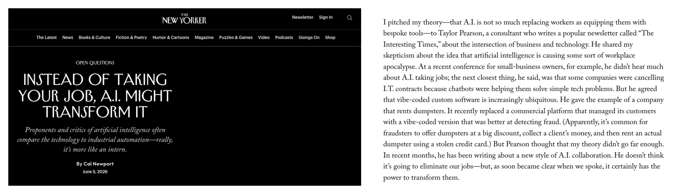 New Yorker article clipping featuring Taylor Pearson.
